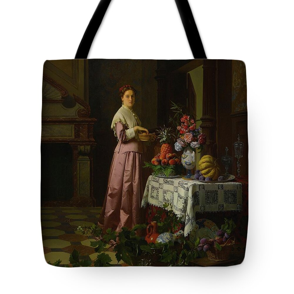 David Emil Joseph De Noter And Petrus Renier Hubertus Knarren Belgian Tote Bag featuring the painting An Interior With Fruit And Flowers by MotionAge Designs