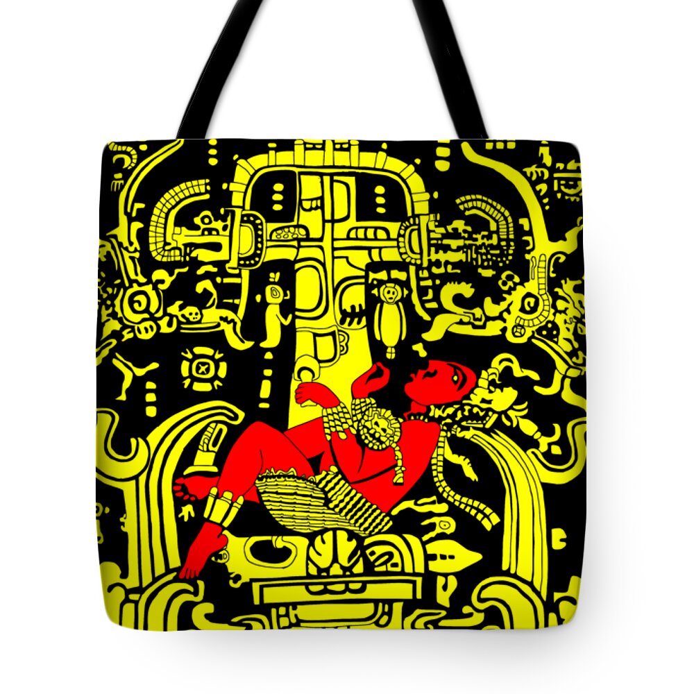 Ancient Tote Bag featuring the digital art Ancient Astronaut Yellow and Red version by Piotr Dulski