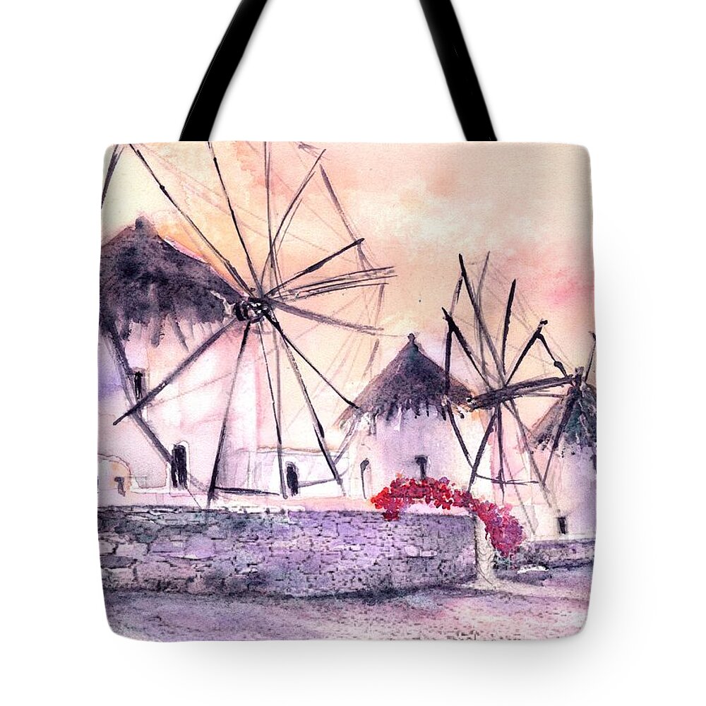 Windmills Tote Bag featuring the painting Ancient Windmills of Mykonos Greece by Sabina Von Arx