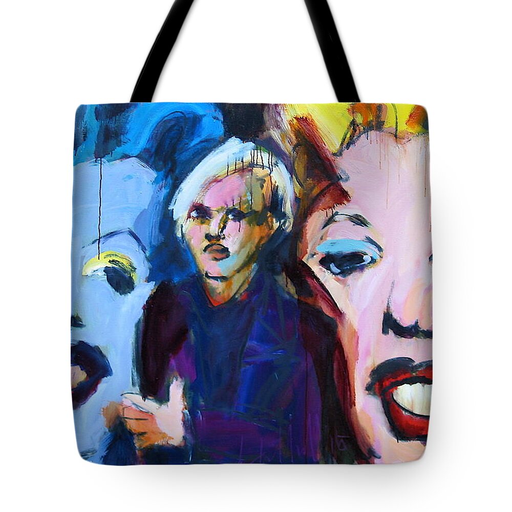 Andy Warhol Tote Bag featuring the painting Andy's Monsters by Les Leffingwell