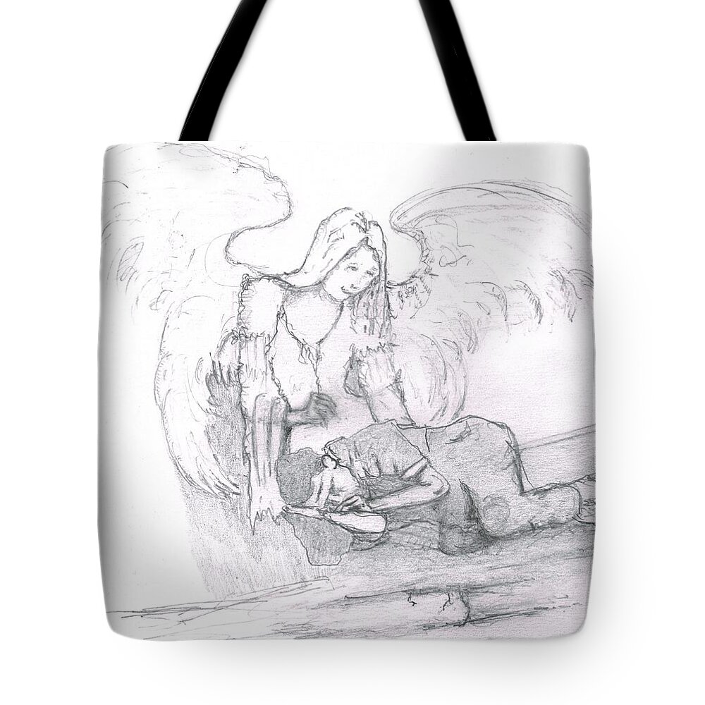 Angel Tote Bag featuring the drawing Angel and the Man by Dan Twyman