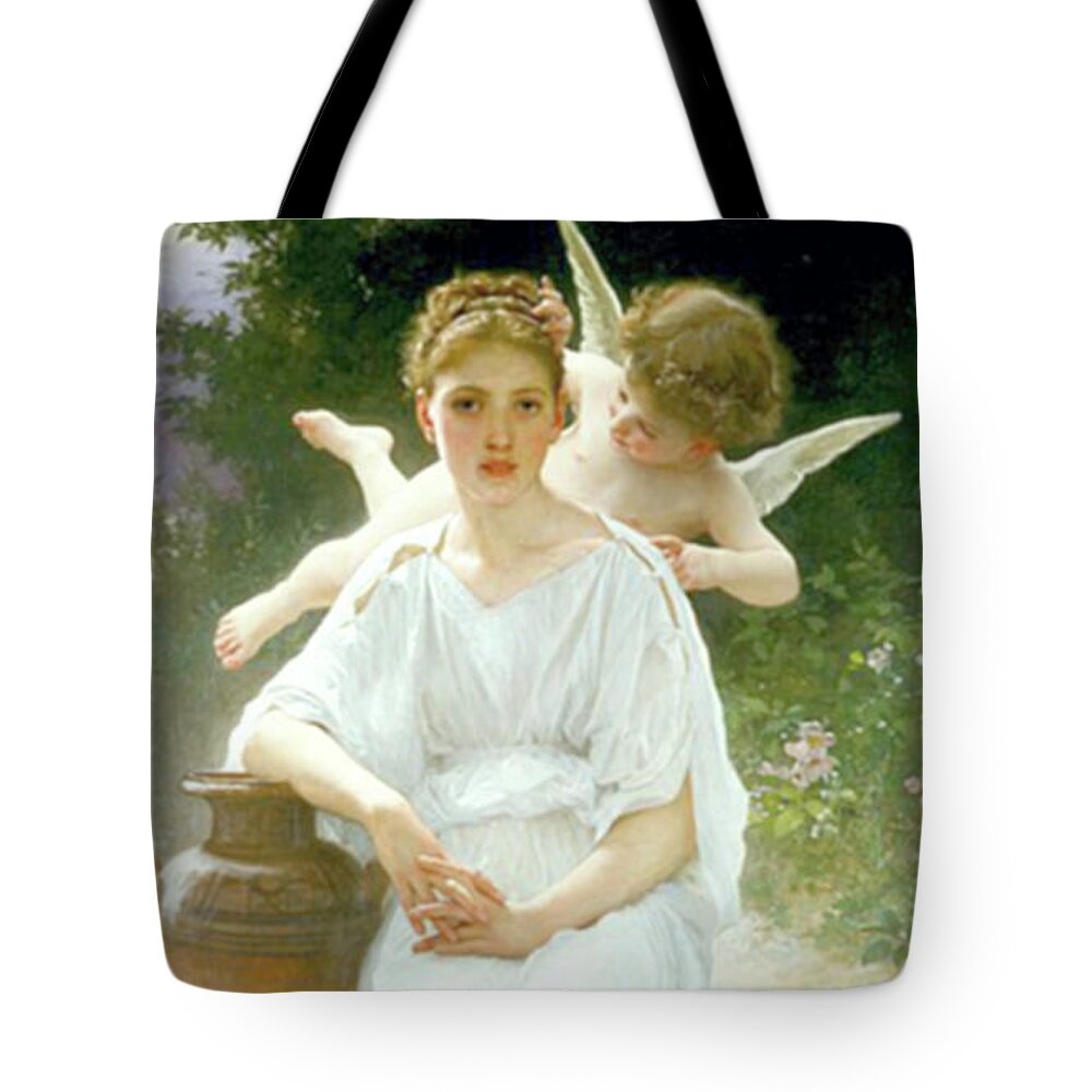 Angel Tote Bag featuring the mixed media Angel Whispers - Les murmures del Amour William by Adolphe Bouguereau