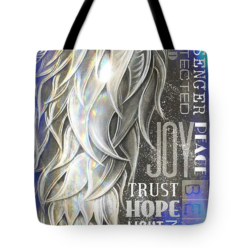 Word Tote Bag featuring the painting Angel Wing Wordart Blue by Reina Cottier