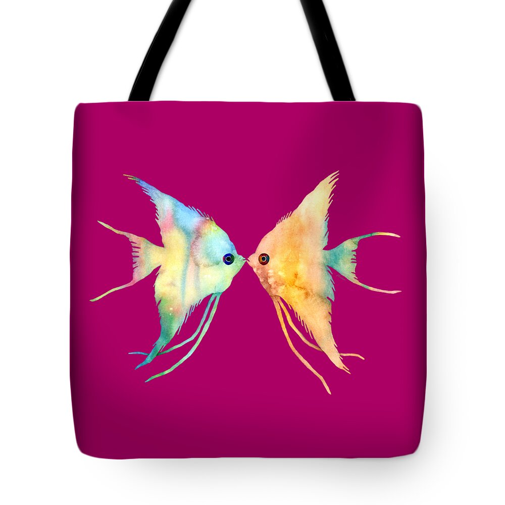 Fish Tote Bag featuring the painting Angelfish Kissing by Hailey E Herrera