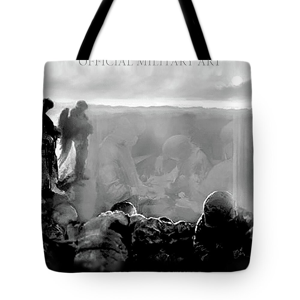 Military Art Tote Bag featuring the painting Angels and Brothers Black and White by Todd Krasovetz
