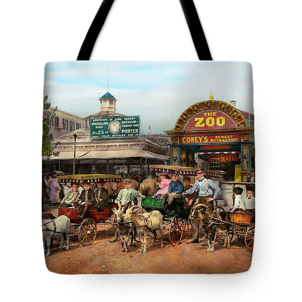 Self Tote Bag featuring the photograph Animal - Goats - Coney Island NY - Kid rides 1904 by Mike Savad
