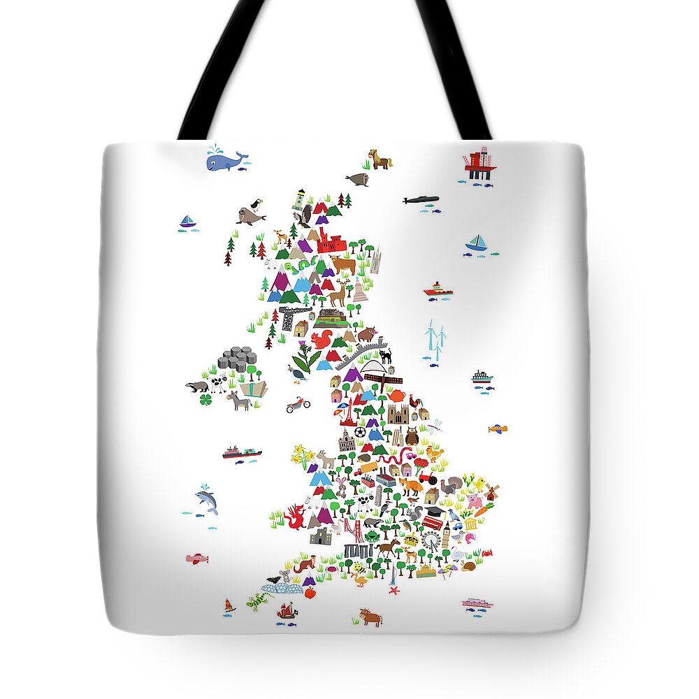 Great Britain Map Tote Bag featuring the digital art Animal Map of Great Britain for children and kids by Michael Tompsett