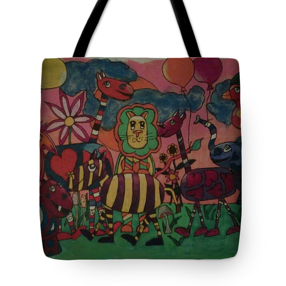 Party Animals Tote Bag featuring the drawing Animal Party by Kym Petrie Elliott