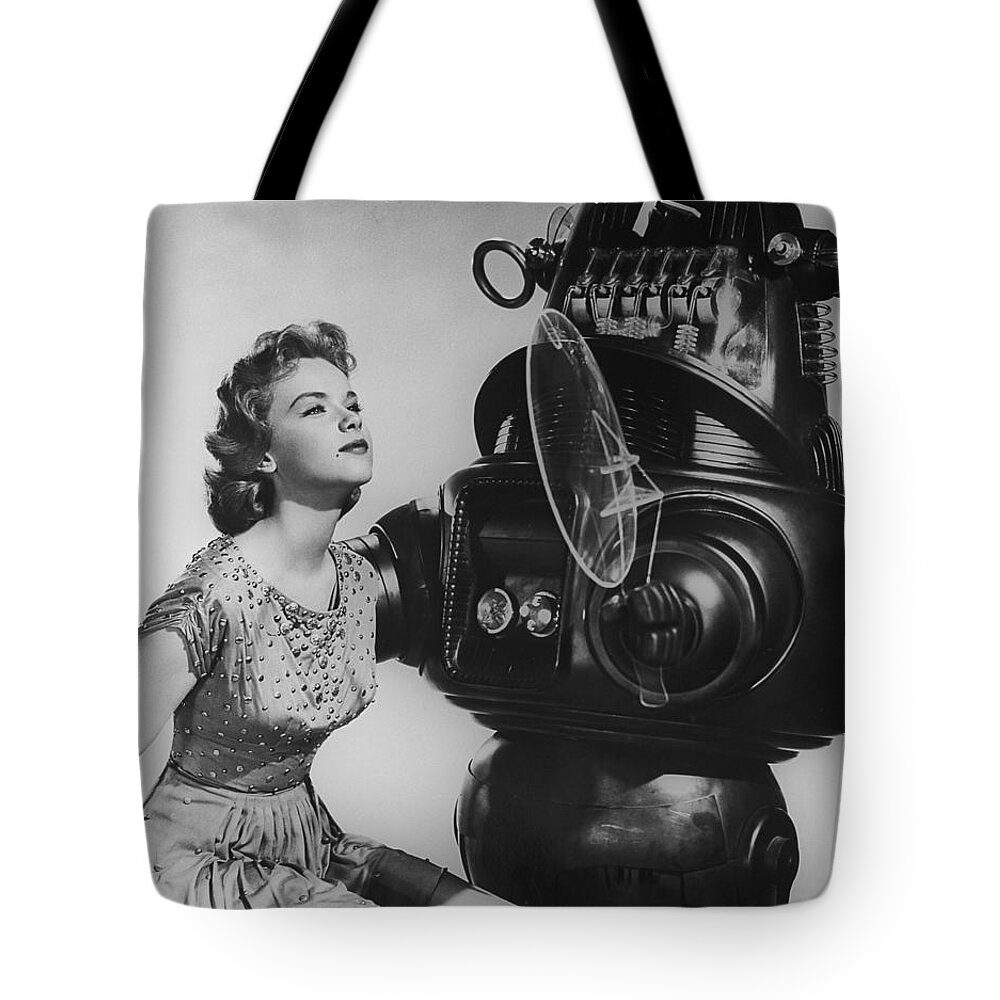 Anne Francis Tote Bag featuring the photograph Anne Francis movie Sexy photo Forbidden Planet with Robby the Robot by Vintage Collectables