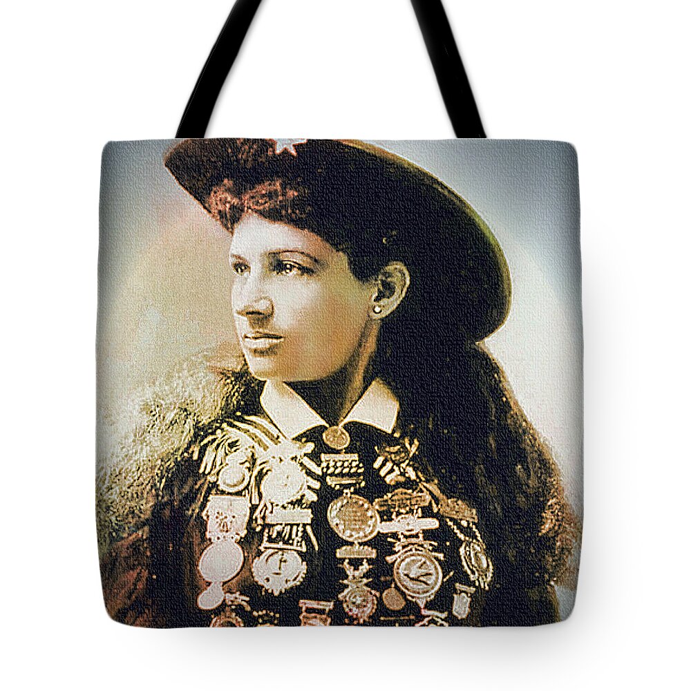 Annie Oakley Tote Bag featuring the painting Annie Oakley - Shooting Legend by Ian Gledhill