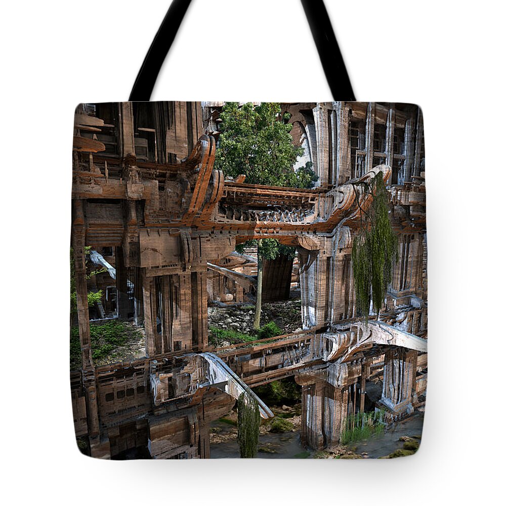Sciencefiction Scifi Grunge Dystopian Architecture Building Fractal Water Steampunk Fractalart Mandelbulb3d Mandelbulb Tote Bag featuring the digital art Another win for Nature by Hal Tenny