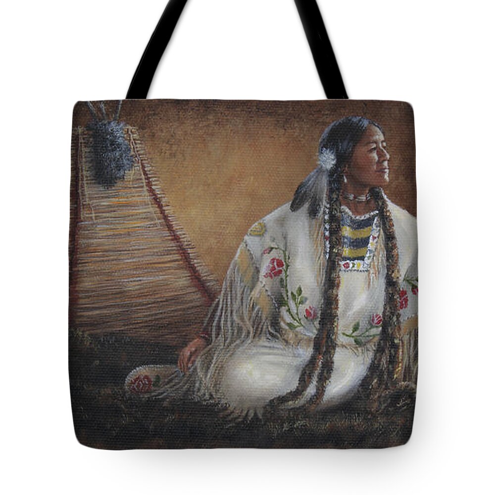 Native American Tote Bag featuring the painting Anticipation by Kim Lockman
