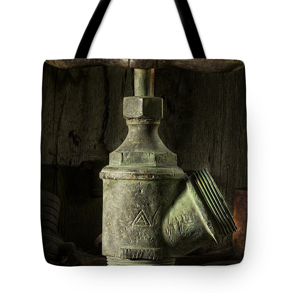 Brass Tote Bag featuring the photograph Antique Brass T Valve by Fred Denner