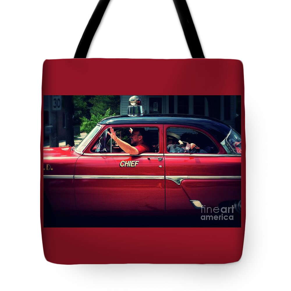 Color Tote Bag featuring the photograph Antique Fire Chief Car by Frank J Casella