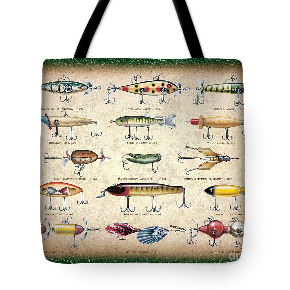 Jon Q Wright Jq Licensing Trout Fly Flyfishing Brown Trout Rainbow Trout Brook Trout Cutthroat Trout Fishing Lodge Cabin Collage Lure Tackle Lure Tote Bag featuring the painting Antique Lures Panel by JQ Licensing