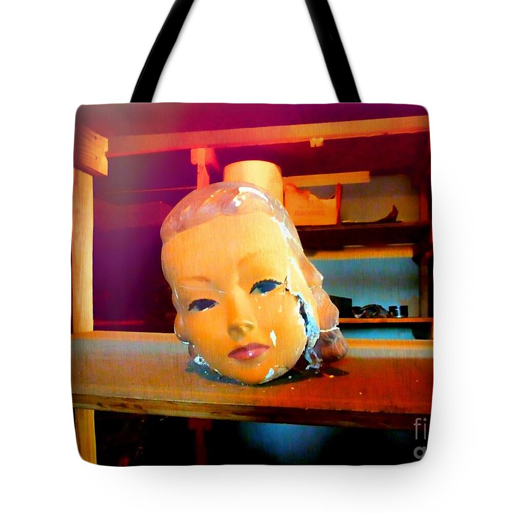 Antique Tote Bag featuring the photograph Antique Mannequin Head In Old Storage Room by Renee Trenholm