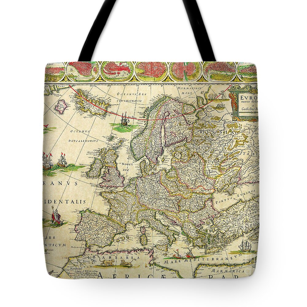 Antique Tote Bag featuring the painting Antique Maps of the World Map of Europe Willem Blaeu c 1650 by Vintage Collectables