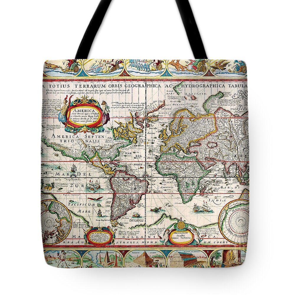 Antique Tote Bag featuring the painting Antique Maps of the World Map The Americas Pieter Van Den Keere c 1628 by Vintage Collectables