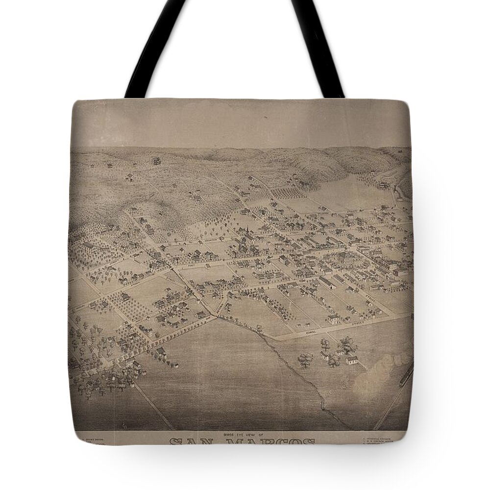 Antique Birds Eye View Map Of San Marcos Tote Bag featuring the drawing Antique Maps - Old Cartographic maps - Antique Birds Eye View Map of San Marcos, Texas, 1881 by Studio Grafiikka