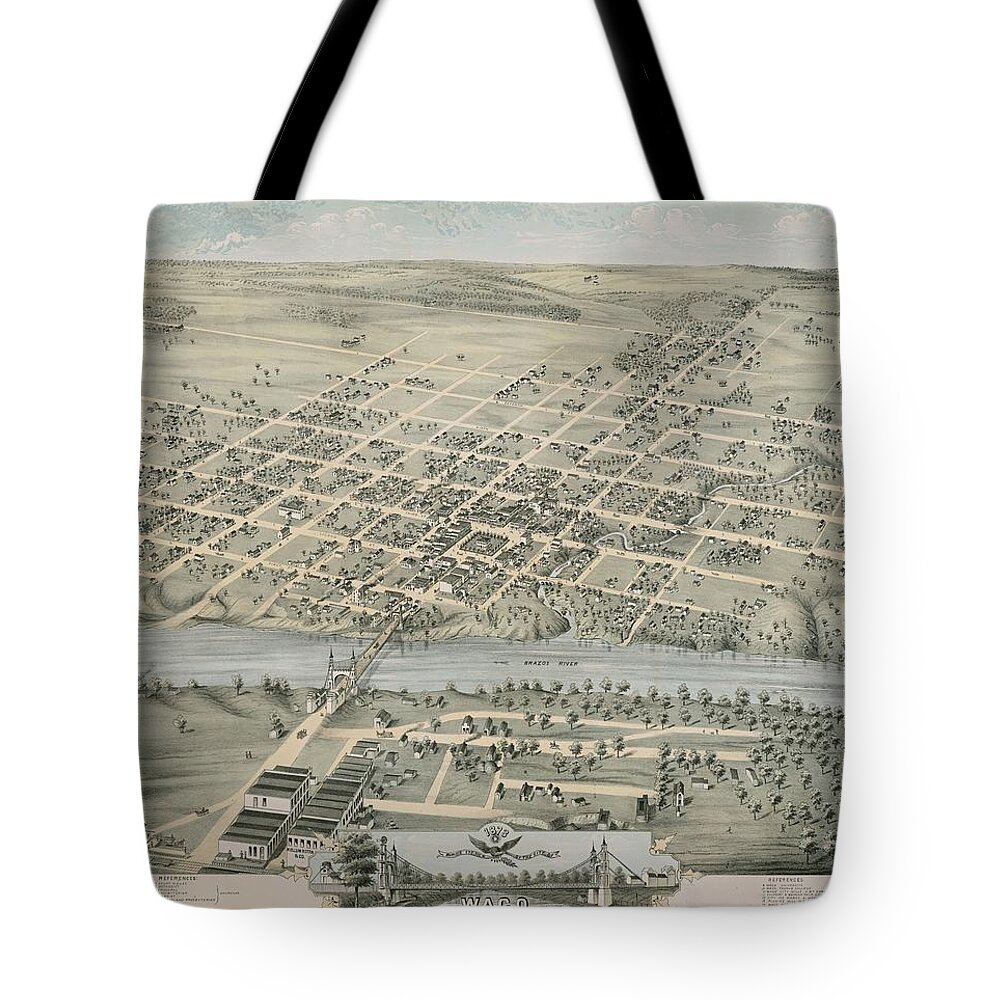 Antique Birds Eye View Map Of Waco Tote Bag featuring the drawing Antique Maps - Old Cartographic maps - Antique Birds Eye View Map of Waco, Texas, 1873 by Studio Grafiikka
