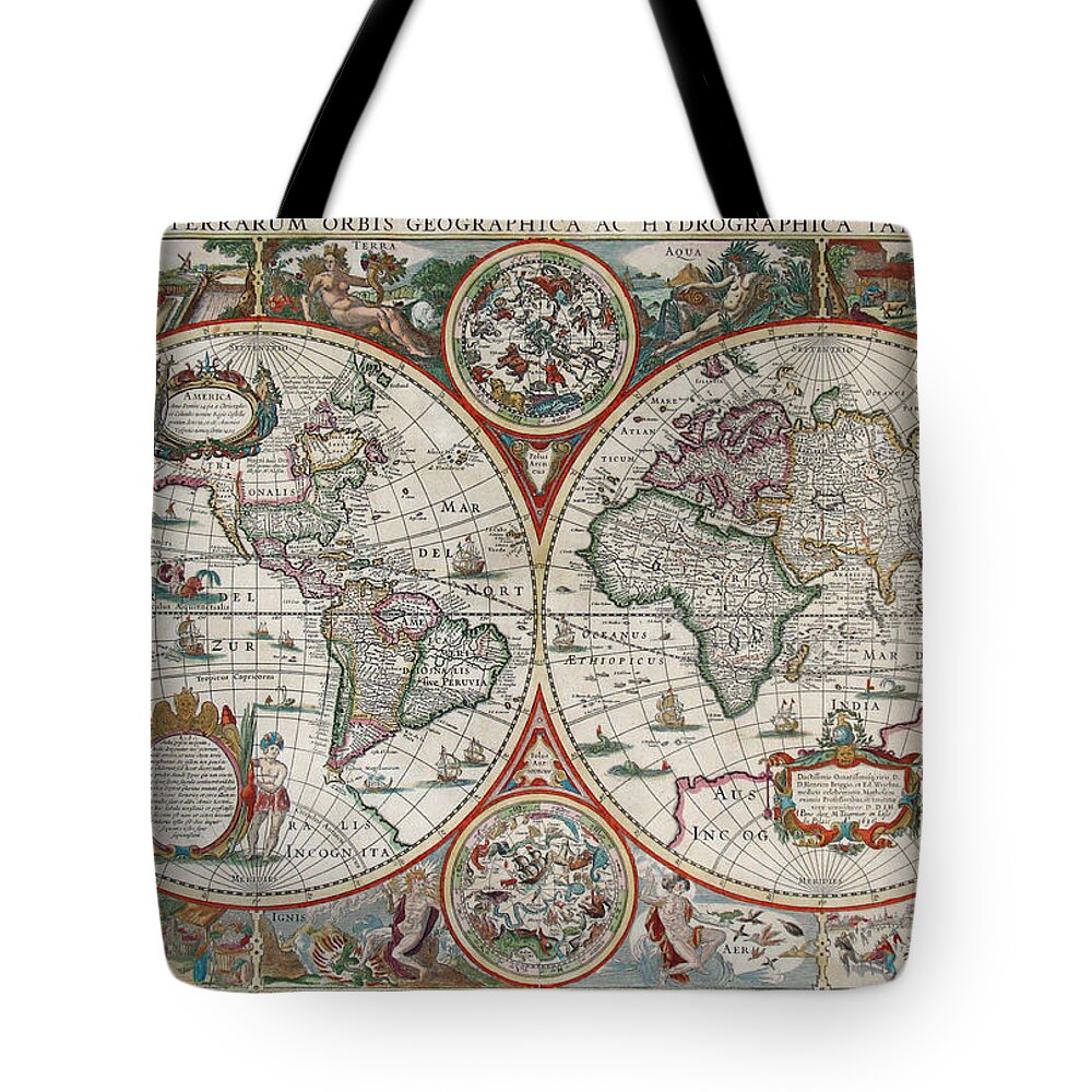 Antique World Map Tote Bag featuring the drawing Antique Maps - Old Cartographic maps - Antique Map of the World in Latin by Studio Grafiikka