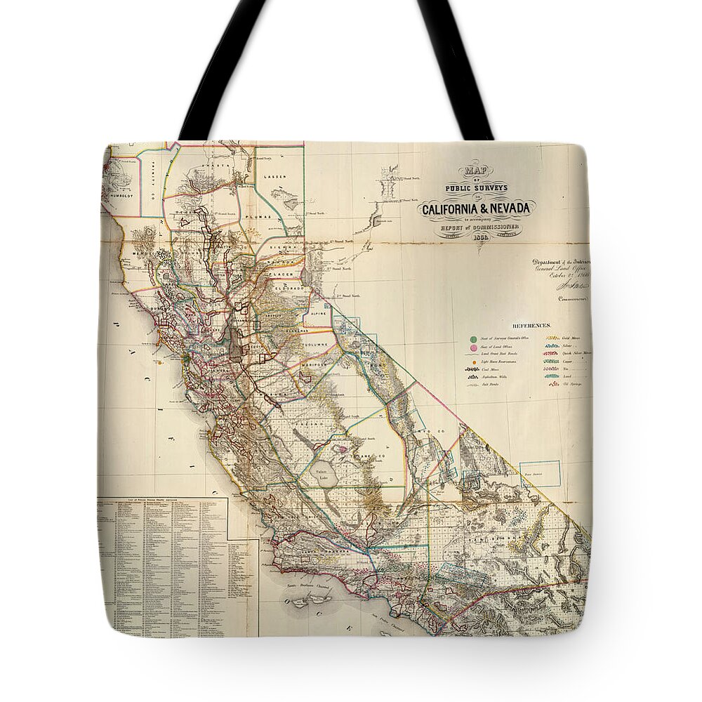 Antique Map Of California And Nevada Tote Bag featuring the drawing Antique Maps - Old Cartographic maps - Antique Map of California and Nevada, 1866 by Studio Grafiikka
