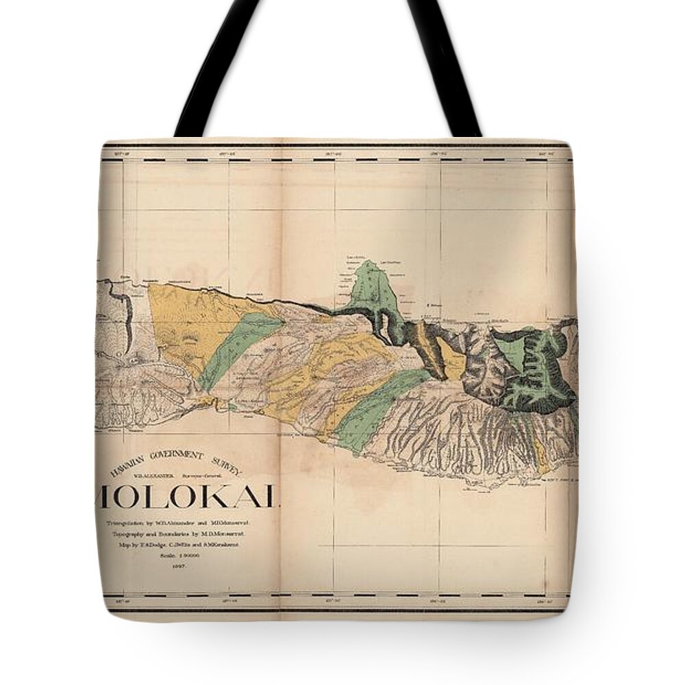 Antique Map Of Molokai Tote Bag featuring the drawing Antique Maps - Old Cartographic maps - Antique Map of Molokai, Hawaiian Island, 1897 by Studio Grafiikka