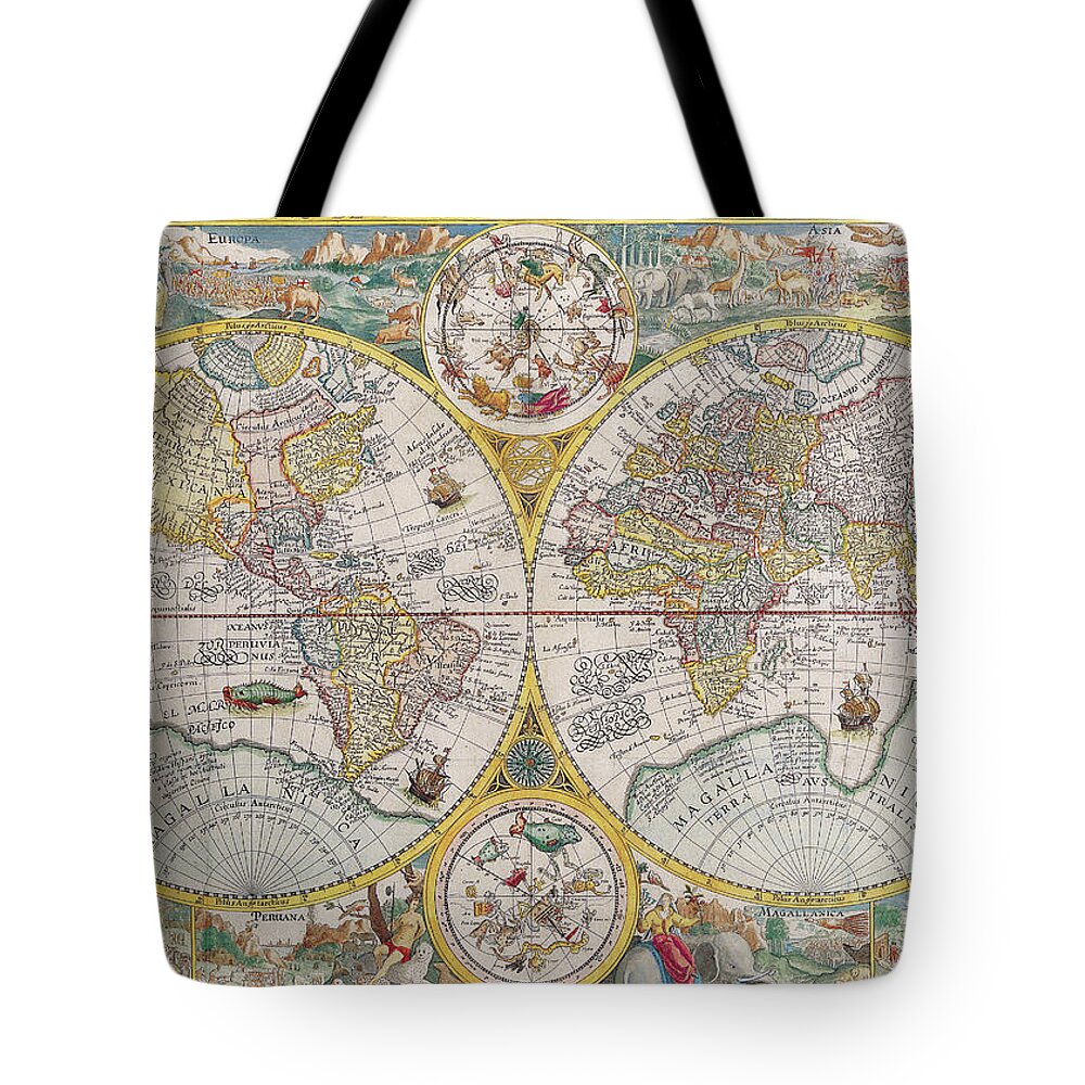 Antique Maps Of The World Tote Bag featuring the drawing Antique Maps - Old Cartographic maps - Antique Map of the World, Double Hemisphere Map, 1599 by Studio Grafiikka