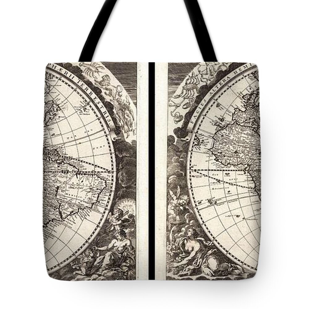 Antique Map Of The World Tote Bag featuring the drawing Antique Maps - Old Cartographic maps - Antique Map of the World in Two Hemispheres, 1696 by Studio Grafiikka