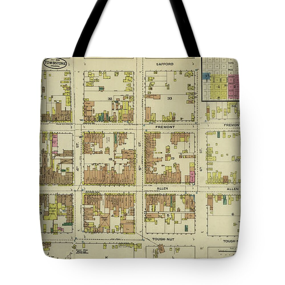 Antique Map Of Tombstone Tote Bag featuring the drawing Antique Maps - Old Cartographic maps - Antique Map of Tombstone, Arizona, 1886 by Studio Grafiikka