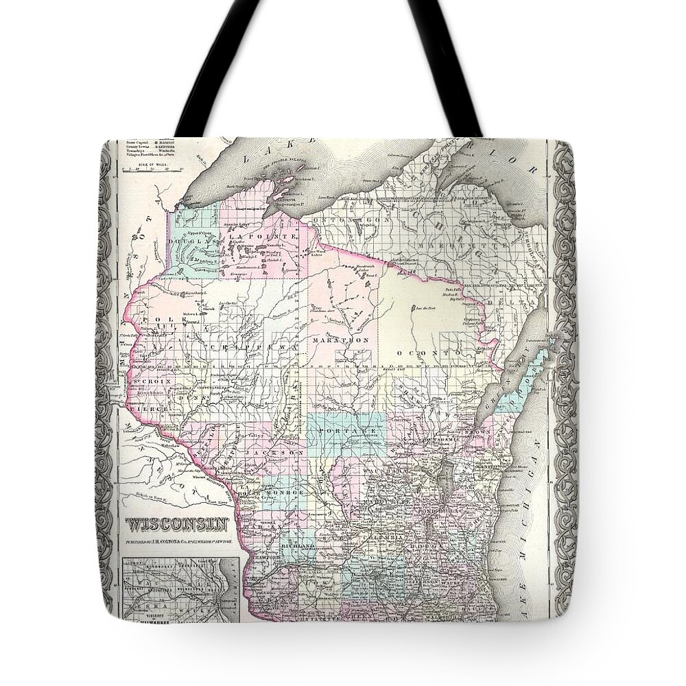 Antique Map Of Wisconsin Tote Bag featuring the drawing Antique Maps - Old Cartographic maps - Antique Map of Wisconsin, 1855 by Studio Grafiikka