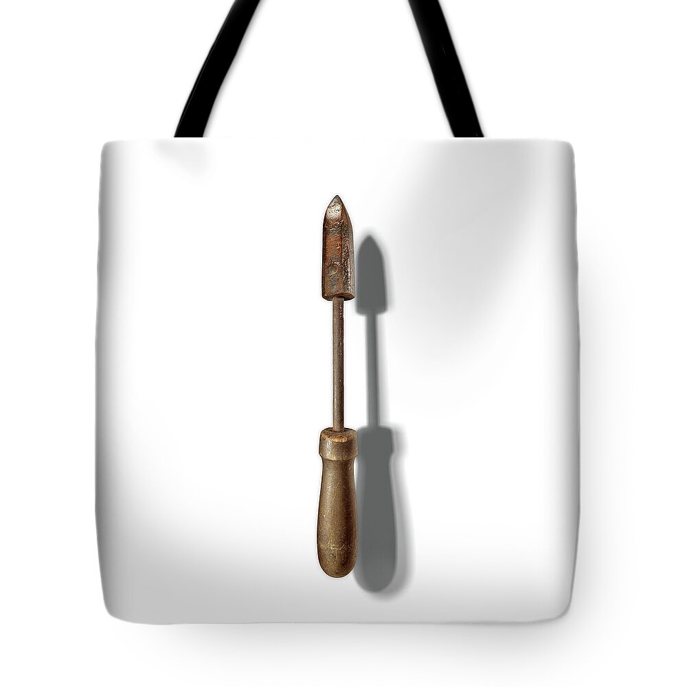 Hand Tool Tote Bag featuring the photograph Antique Soldering Iron Floating on White by YoPedro