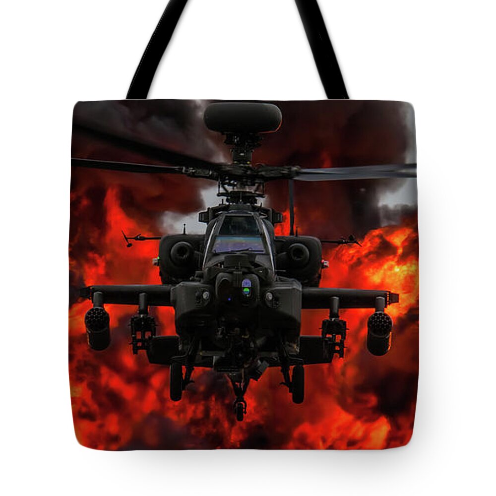 British Army Apache Westland Ah1 Attack Helicopter Riat Fairford 2017 Royal International Air Tattoo England Uk Tote Bag featuring the photograph Apache Wall of Fire by Tim Beach