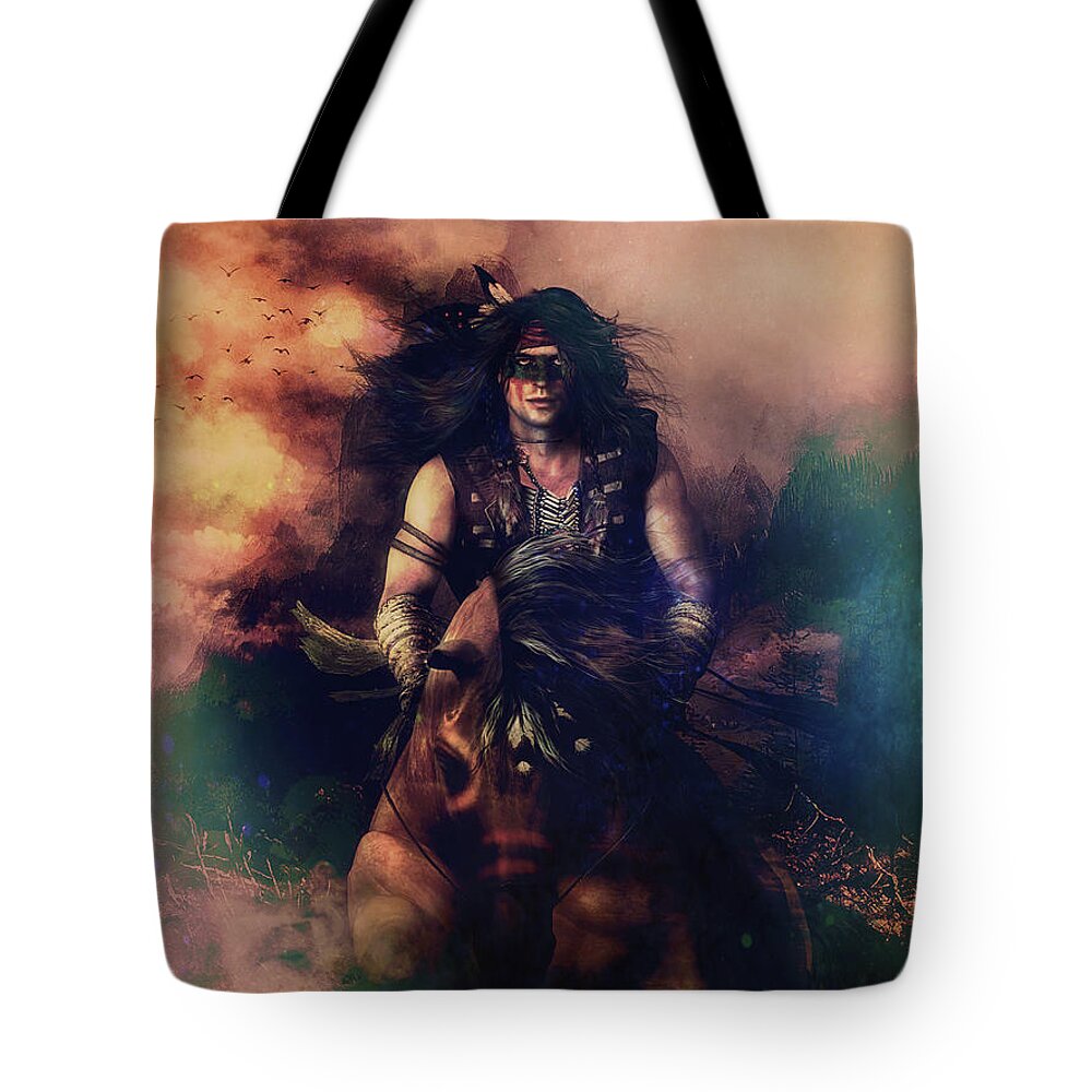 Apache Warrior Tote Bag featuring the digital art Apache Warrior by Shanina Conway