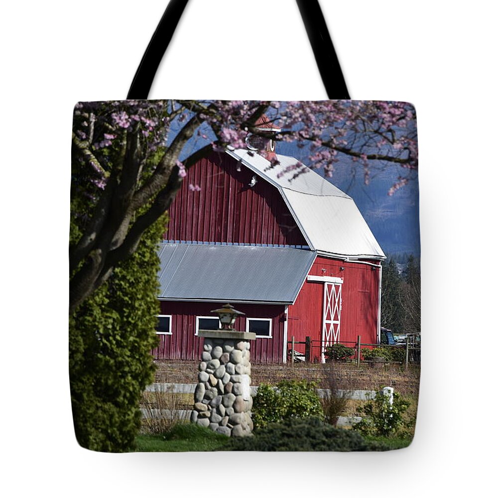 Apple Tree Pink And Barn Red Tote Bag featuring the photograph Apple Tree Pink and Barn Red by Tom Cochran