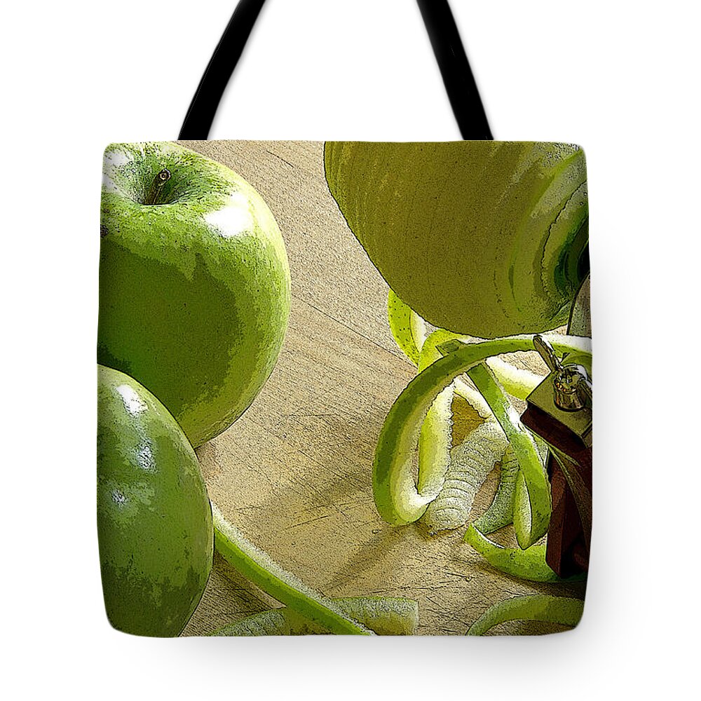 Apple Tote Bag featuring the photograph Apples getting peeled by Debra Baldwin