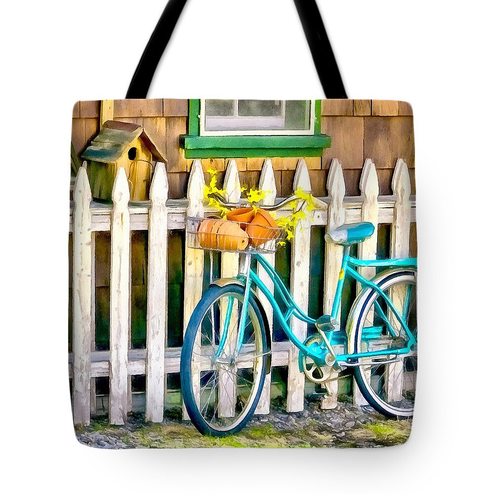Aqua Tote Bag featuring the photograph Aqua Antique Bicycle along Fence by Betty Denise