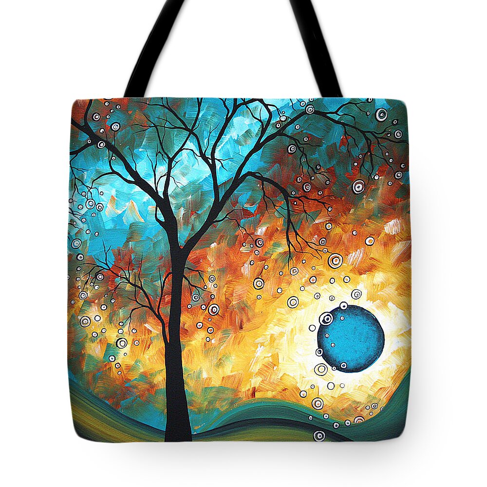 Art Painting Landscape Abstract Contemporary Painting Original Art Madart Licensing Licensor Modern Fine Art Buy Print Surreal Sun Fun Colorful Upbeat Lifestyle Brand Whimsical Tree Yellow Tan Cream Teal Aqua Turquoise Blue Circles Landscape Rust Yellow Brown Tote Bag featuring the painting Aqua Burn by MADART by Megan Duncanson