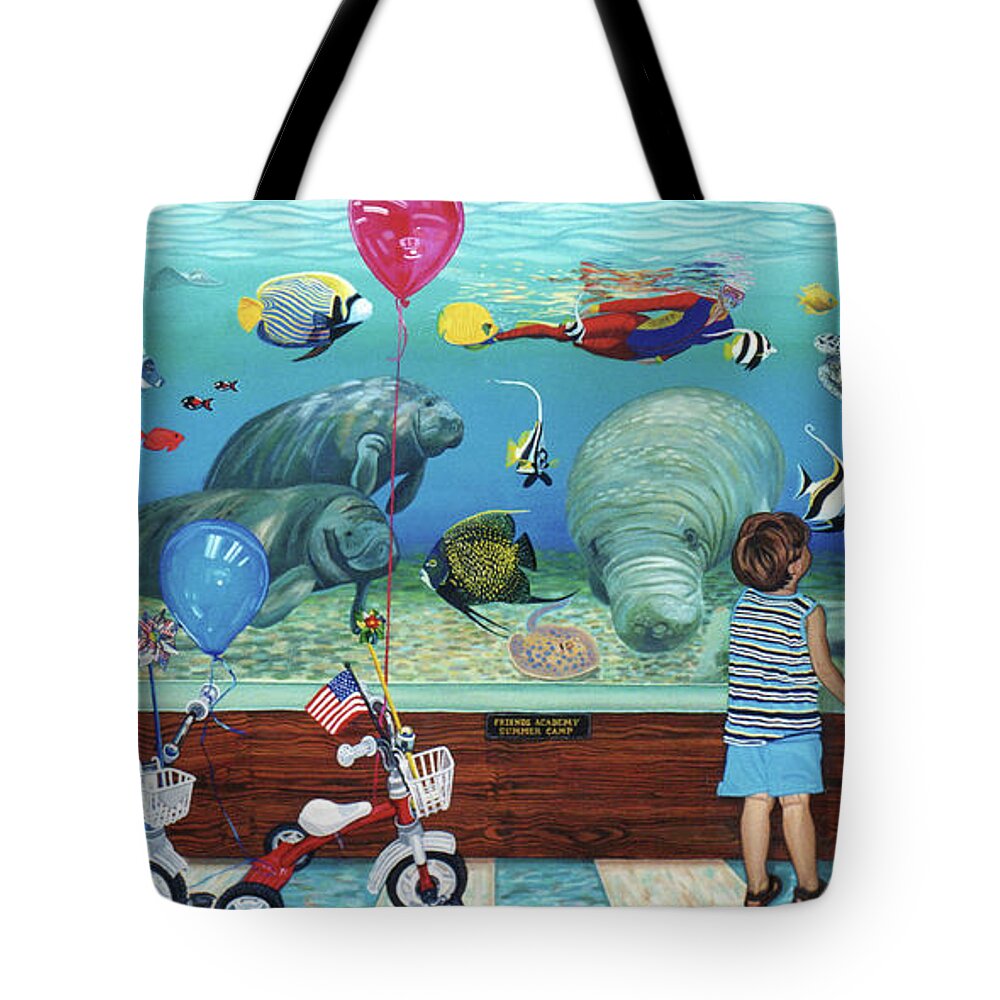 Aquarium Tote Bag featuring the painting Aquarium with Twins Towel version by Bonnie Siracusa