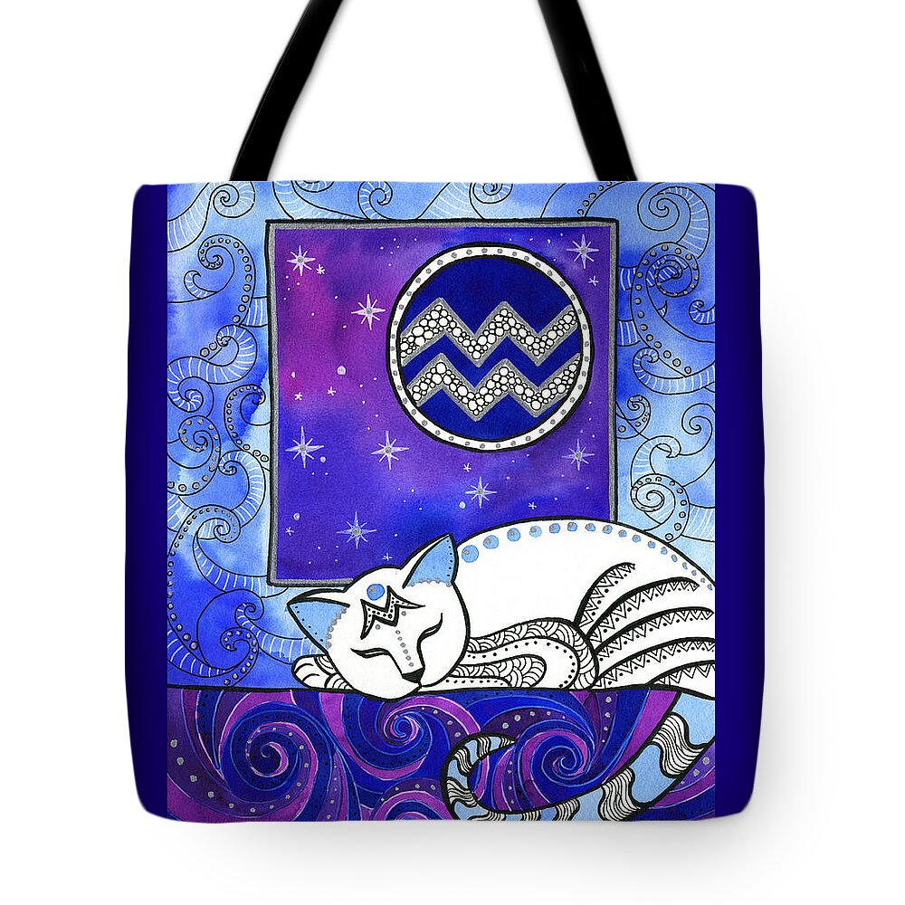 Cat Tote Bag featuring the painting Aquarius Cat Zodiac by Dora Hathazi Mendes