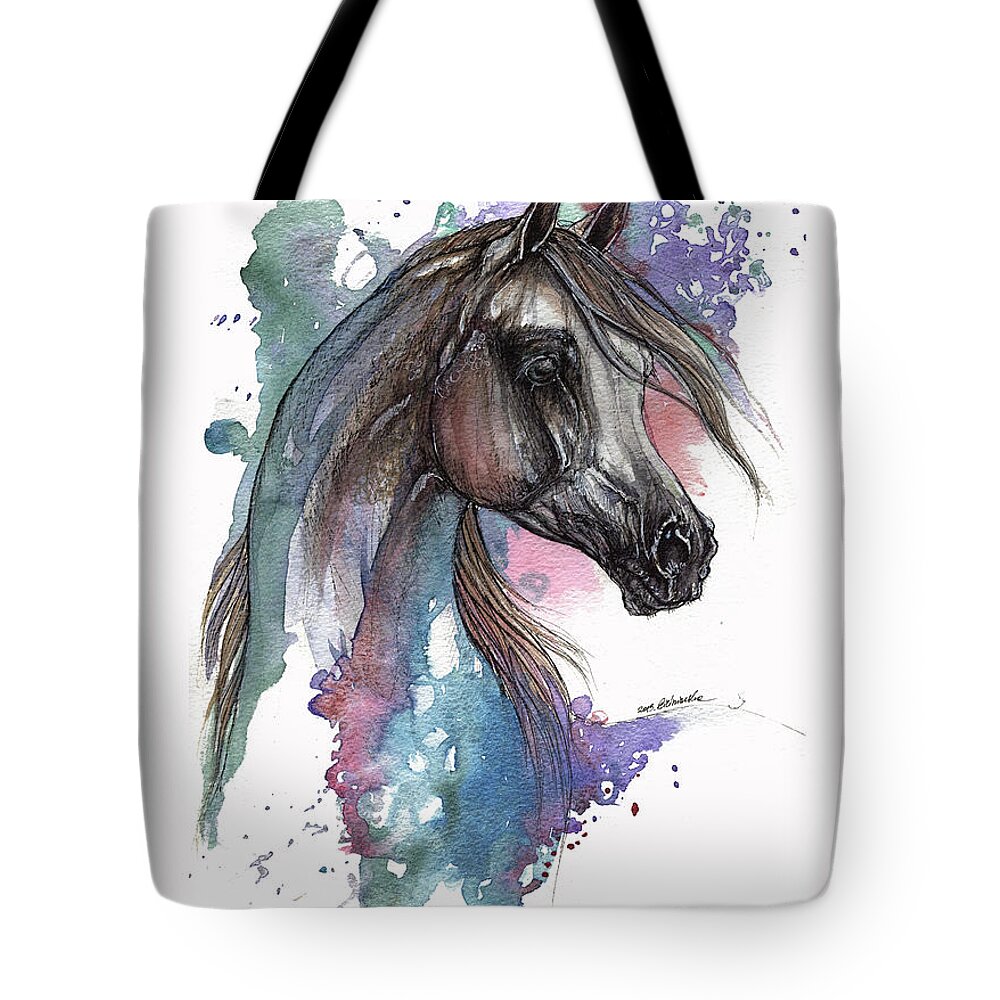 Horse Tote Bag featuring the painting Arabian Horse On Blue And Pink Background by Ang El