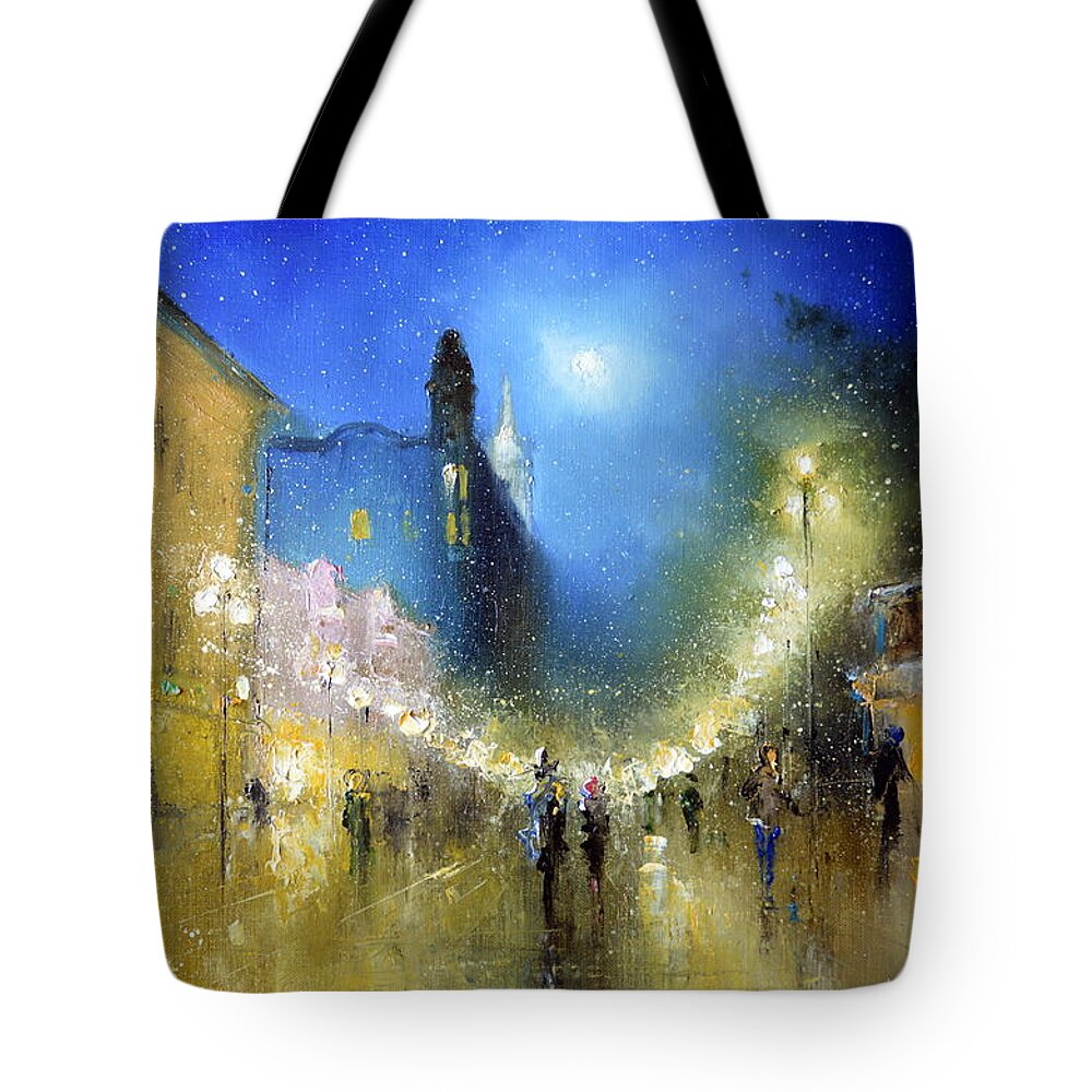 Russian Artists New Wave Tote Bag featuring the painting Arbat Night Lights by Igor Medvedev