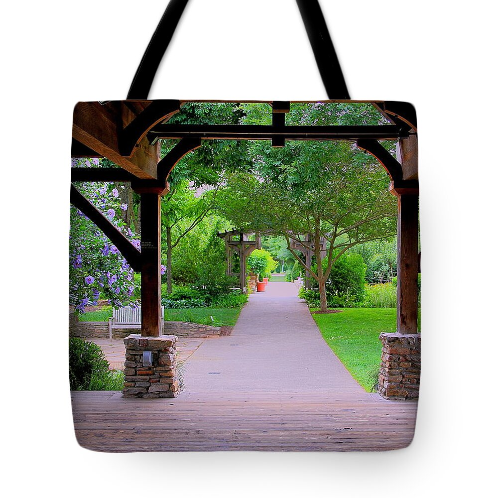 Arboretum Tote Bag featuring the photograph Arboretum Shelter and Walk by Allen Nice-Webb