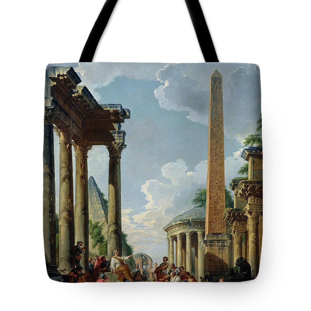 Architectural Tote Bag featuring the painting Architectural Capriccio with a Preacher in the Ruins by Giovanni Paolo Panini