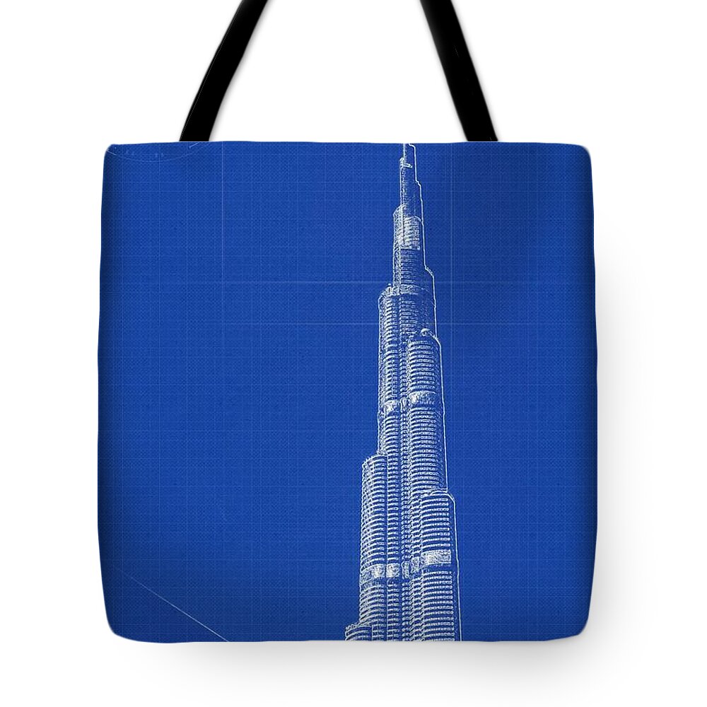 Nature Tote Bag featuring the painting Archtecture Blueprint Burj Khalifa by Celestial Images