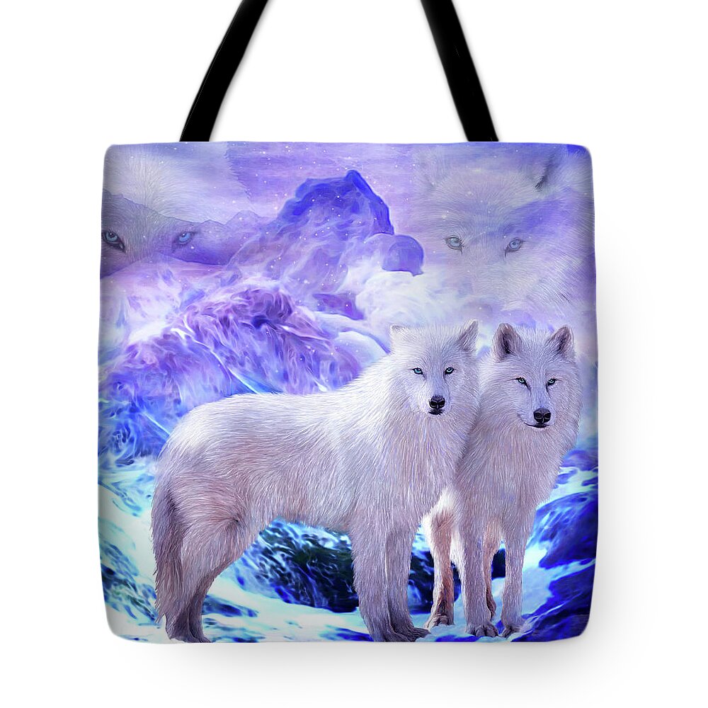 Carol Cavalaris Tote Bag featuring the mixed media Arctic Wolf Mates by Carol Cavalaris