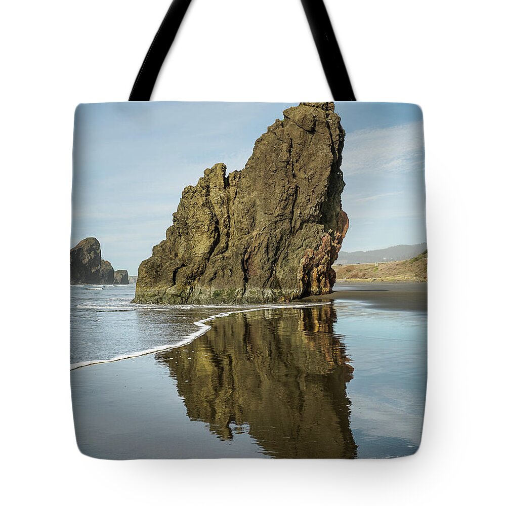 Oregon Tote Bag featuring the photograph Ariya's Beach Reflections on Sea Stack by Greg Nyquist