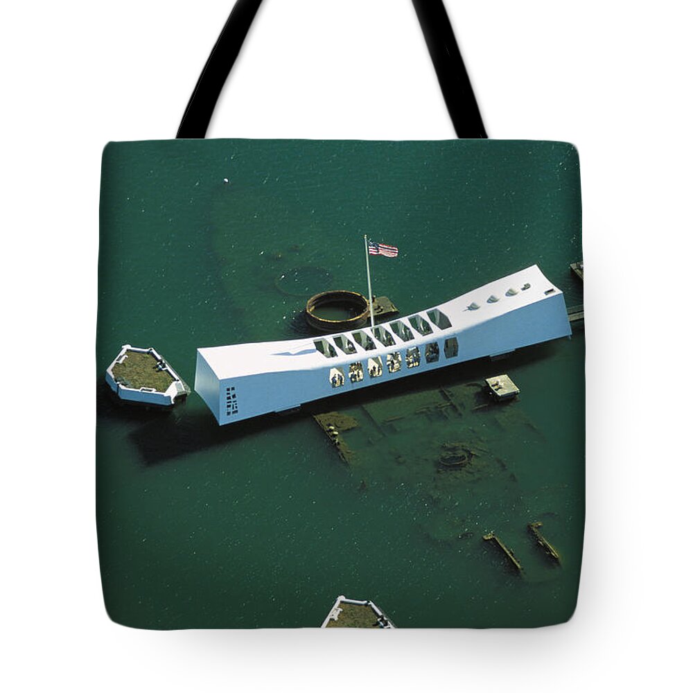 Above Tote Bag featuring the photograph Arizona Memorial Aerial by Dana Edmunds - Printscapes