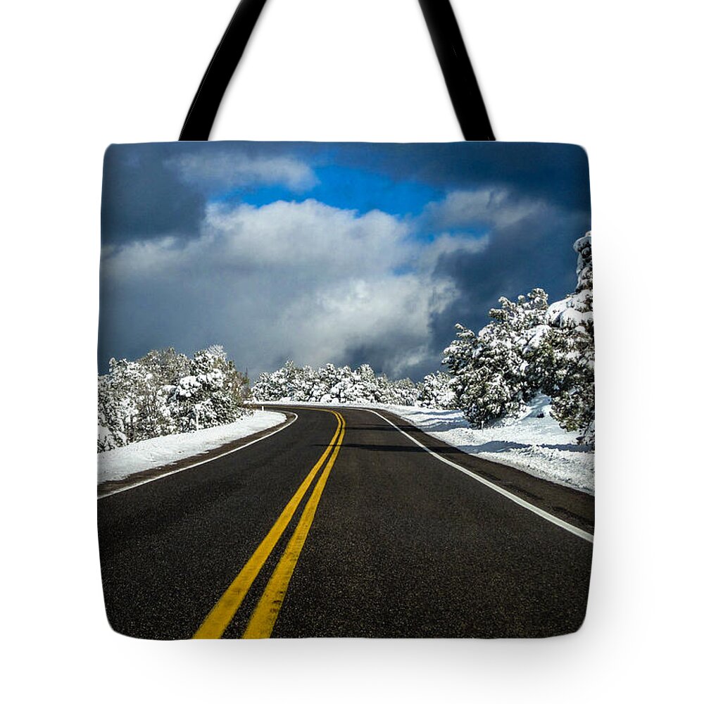  Tote Bag featuring the photograph Arizona Snow Road by Gregory Daley MPSA