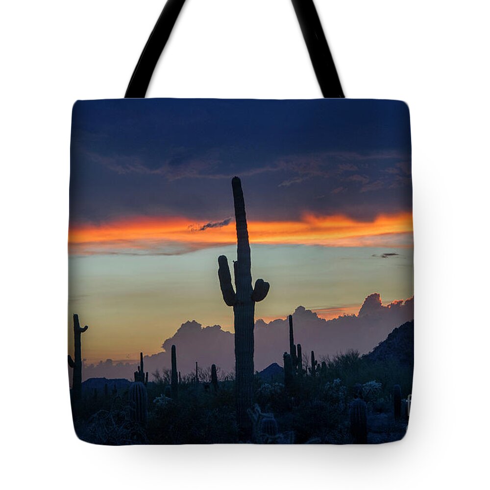 Sunset Tote Bag featuring the photograph Arizona Sunset During Monsoon by Joanne West